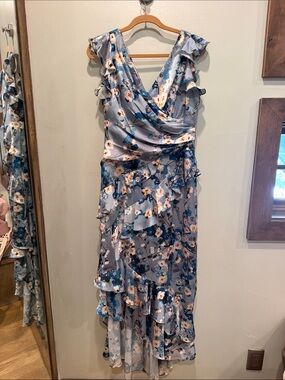 Theia Light Blue Floral High-Low Ruffle Dress